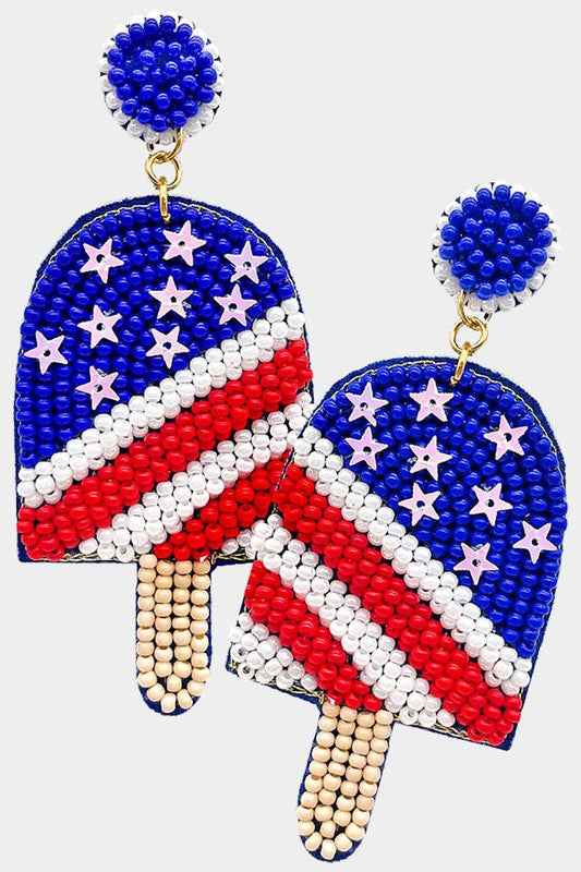Seed Beaded USA Flag Popsicle Earrings