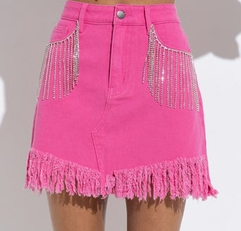 Denim Rhinestone Fringe Mini Skirt