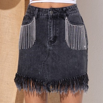Denim Rhinestone Fringe Mini Skirt