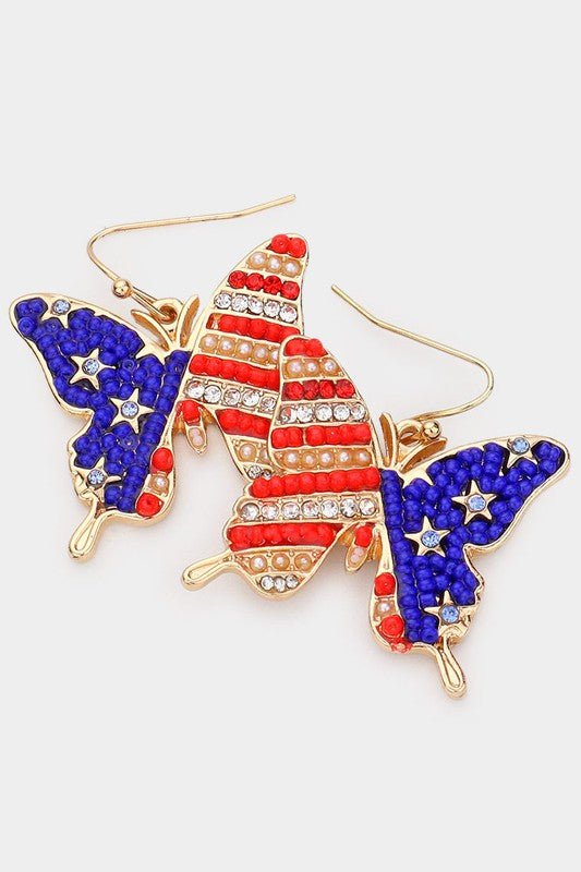 American USA Flag Butterfly Dangle Earrings