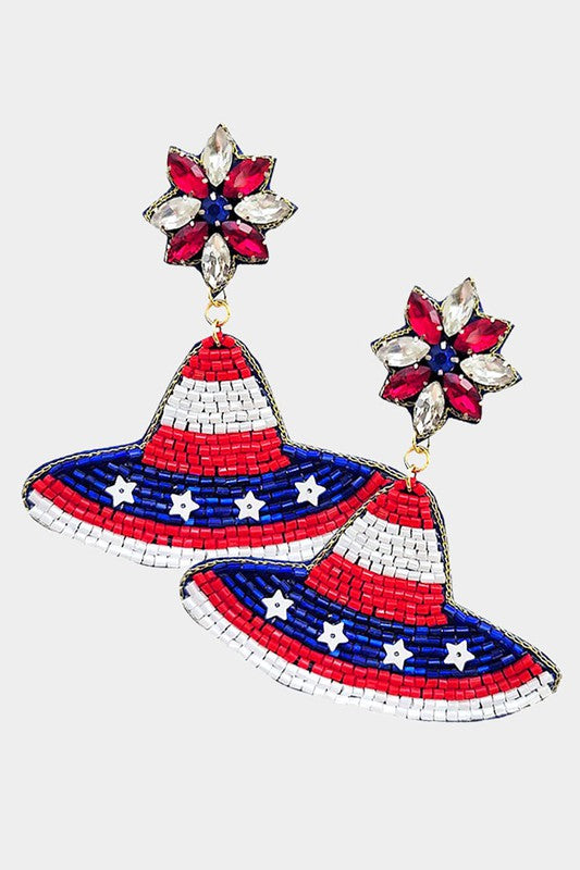 American USA Flag Hat Beaded Dangle Earrings
