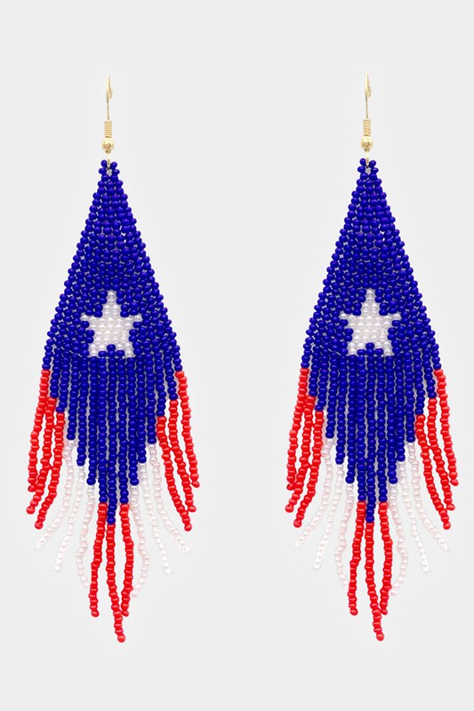 American USA Flag Seed Beads Fringe Earrings