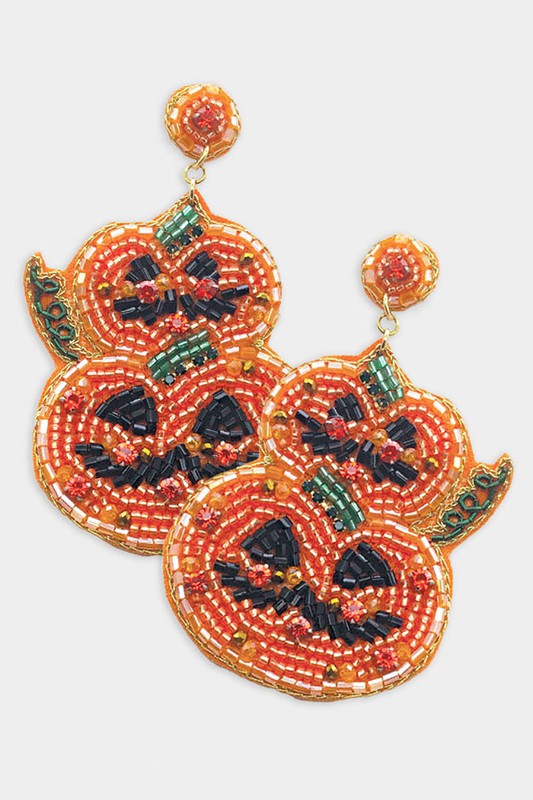 Felt Back Halloween Pumpkin Beaded Dangle Earrings - Debs on 5th
