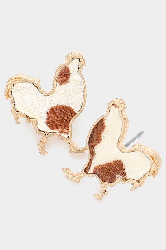 Genuine Leather Calf Animal Rooster Stud Earrings