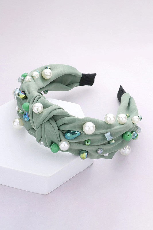 Pearl Multi Bead Embellished Knot Burnout Headband