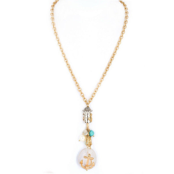 Metal Anchor Necklace with Frosted Glass Stone - Debs Boutique  LLC