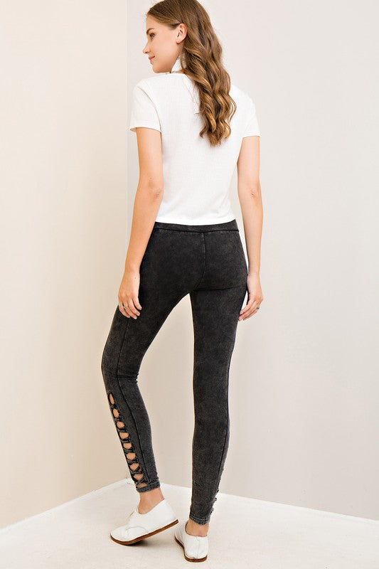 Acid Wash Mid Waist Casual Pant with Cutout Detail
