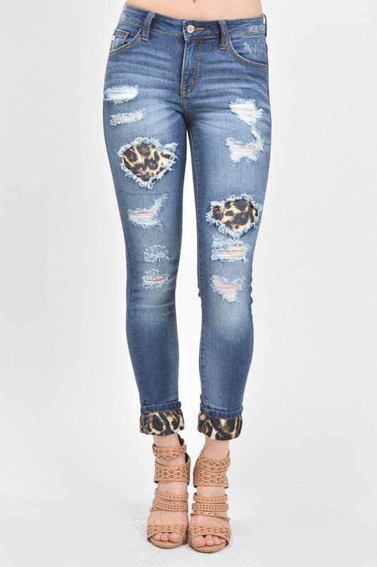 Mid Rise Leopard Patch Ankle Skinny
