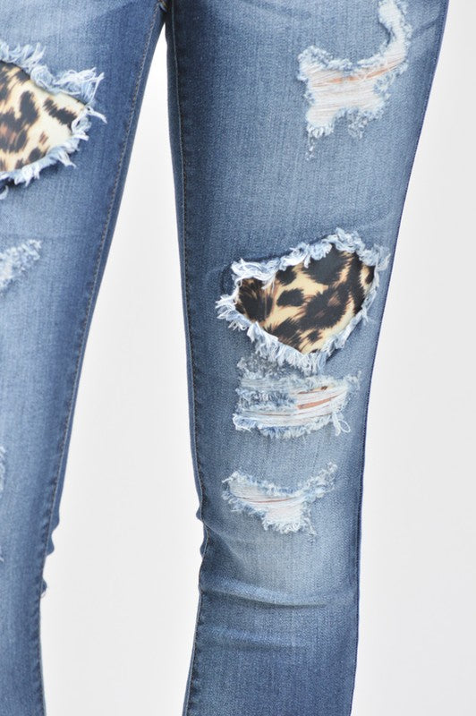 Mid Rise Leopard Patch Ankle Skinny