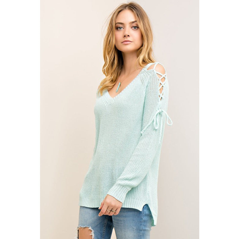 Solid Plunging Neck Sweat w/Open Shoulder and Lace-Up Detail - Debs Boutique  LLC
