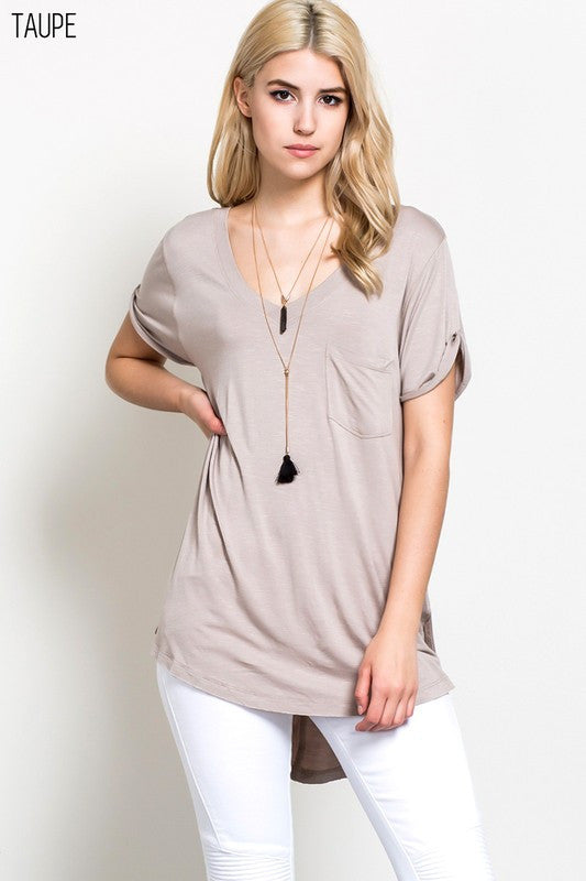V Neck Rolled up Sleeve Top with Short Sleeves  and Side Slits - Debs Boutique  LLC