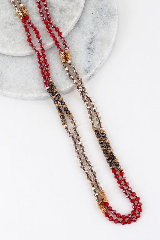 Crystal and Metal Bead Long Knotted Necklace
