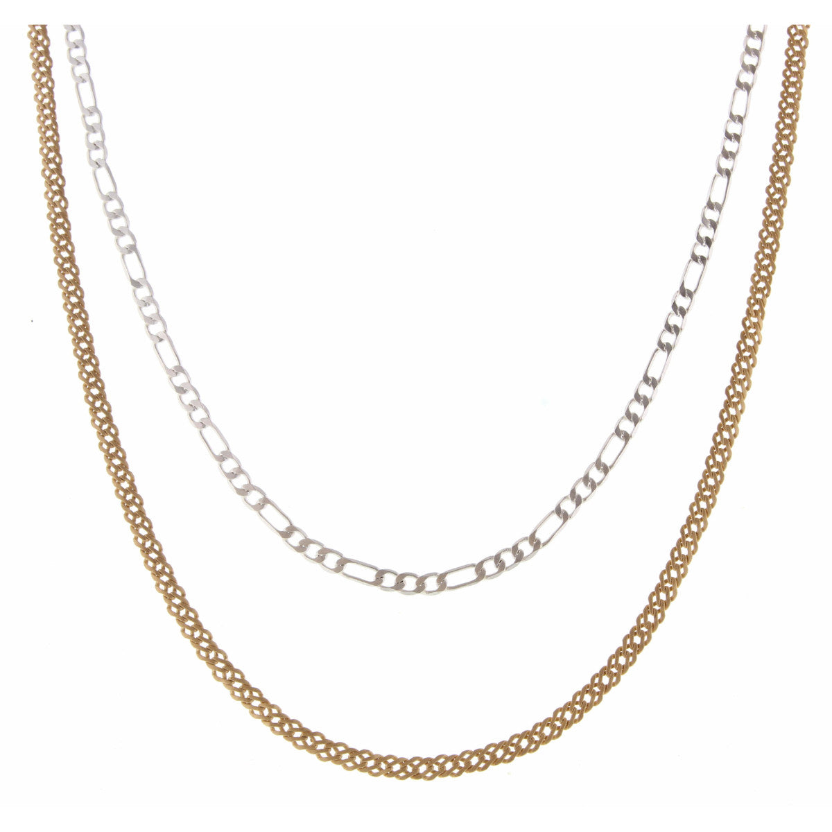 16", 18" 2 Layer Dainty 2-Tone Figaro and Double Pressed Curb Chain Necklace