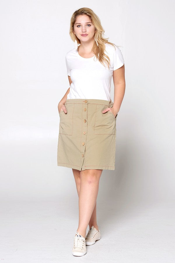 Button Front Mini Skirt w/Front Pocket