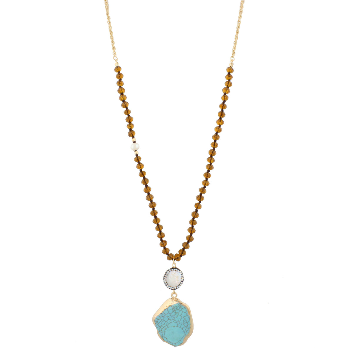 32" Topaz Beads and Gold Chain Necklace with Electroplated Turquoise Stone - Debs Boutique  LLC