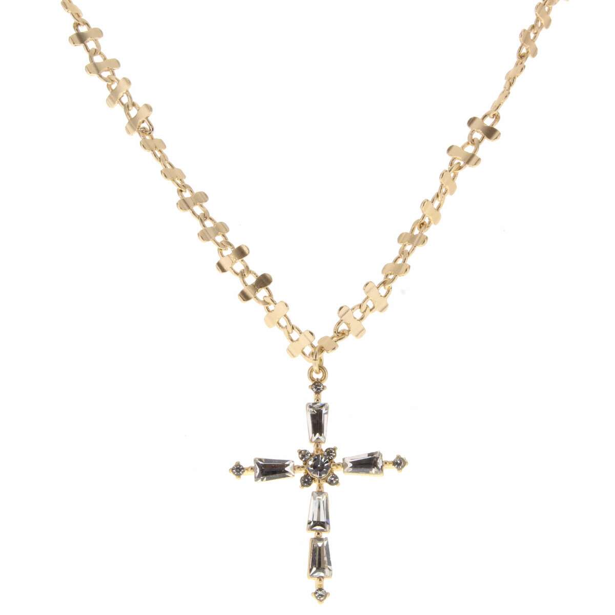 14" Clear Trapezoid Crystal Embellishments on Gold Cross Necklace, 3" Ext.