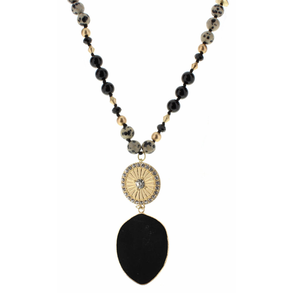 30" Jet, Multi Beaded Body with Gold Ray Medallion and Jet Agate Drop Necklace