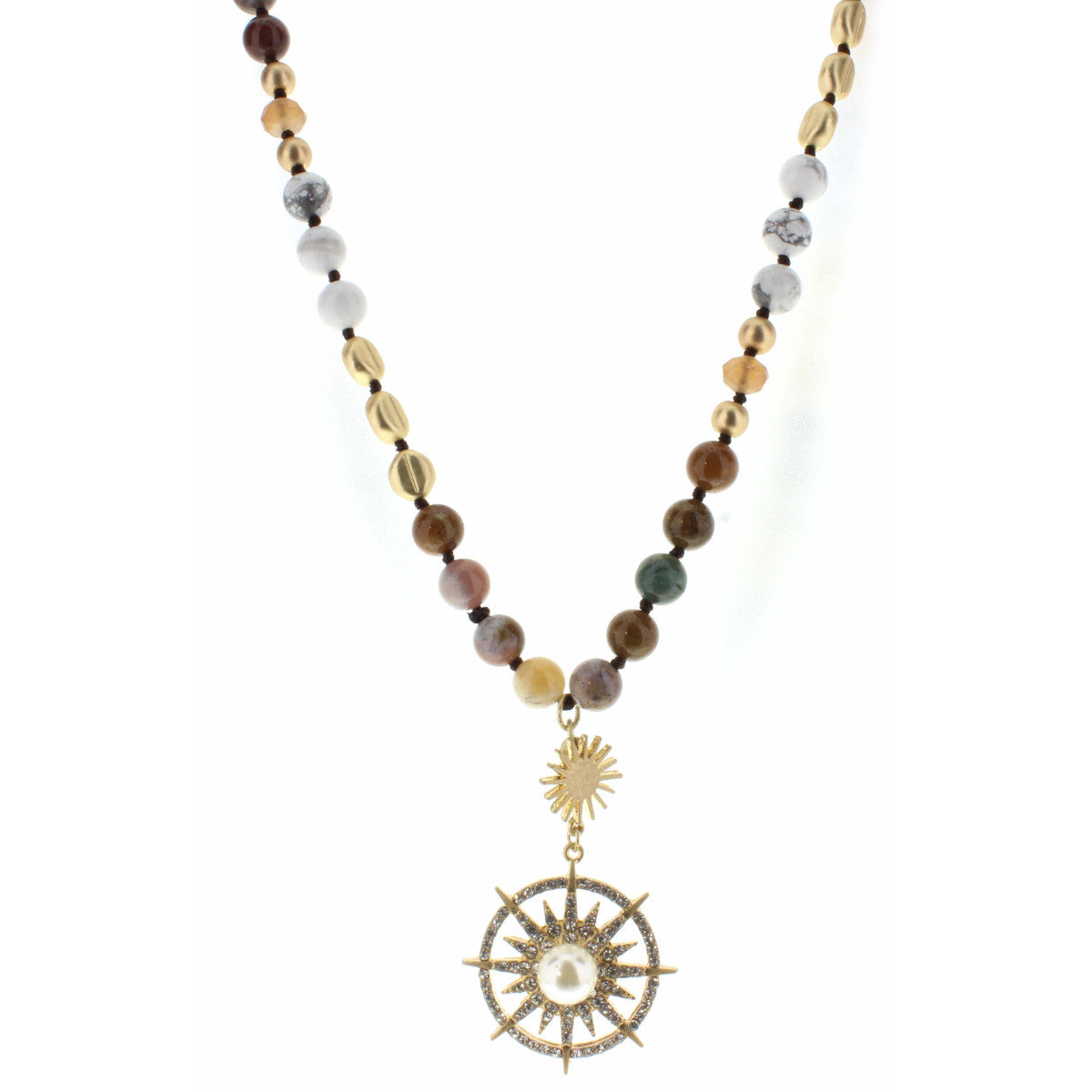 30" Tigers Eye Multi Beaded with Starburst, Pearl Accent Necklace