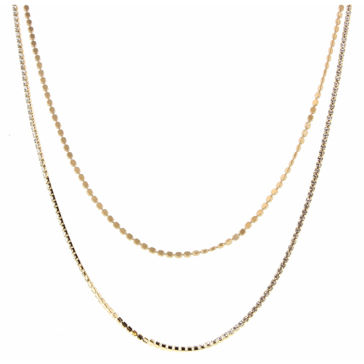 16", 18" 2 Layer Dainty Gold Flat Bead and Clear Crystal Box Chain Necklace