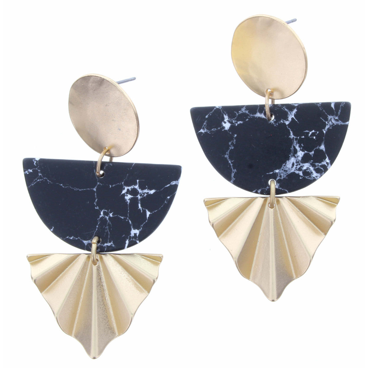Gold Circle with Black Marble Half Circle with Gold Fan Earring