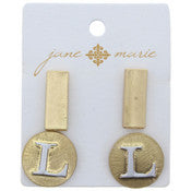 Stud Initial Set, 2-Tone Disc Initial and Gold Rectangle Earring