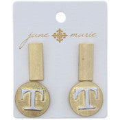 Stud Initial Set, 2-Tone Disc Initial and Gold Rectangle Earring
