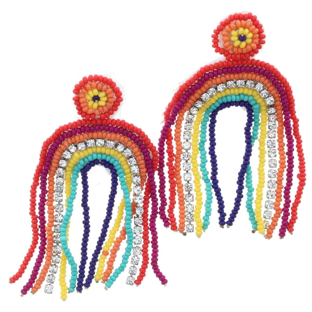 Beaded Rainbow with Rhinestone Accent with Fringe Earring