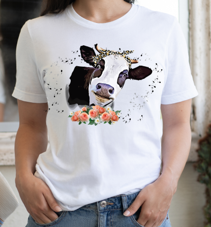 Black Cow with Flowers Graphic Tee