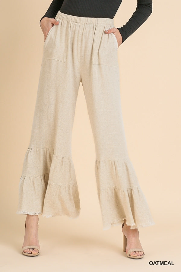 Wide Ruffle Leg Pants with Pockets and Frayed Hem