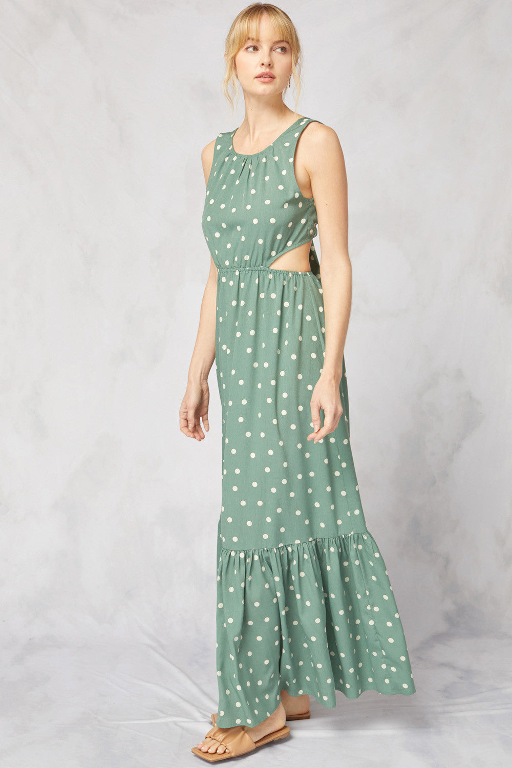 Polka Dot Print Sleeveless Tiered Maxi Dress