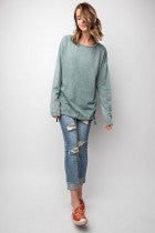 Long Sleeve Washed Terry Knit Loose Tit Top
