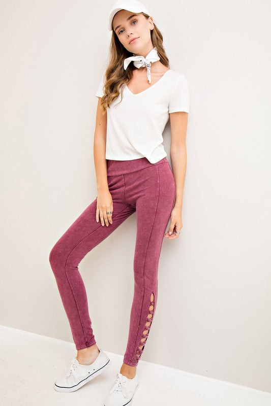 Acid Wash Mid Waist Casual Pant with Cutout Detail
