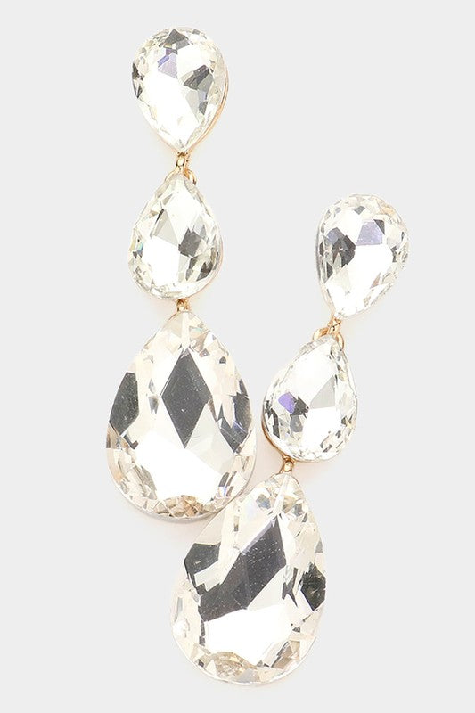 Triple Glass Crystal Teardrop Evening Earrings